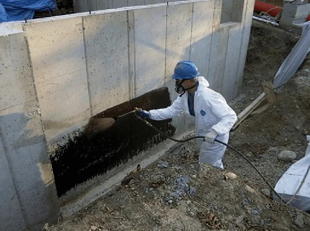 Professional waterproofing the exterior walls of the basement in Columbus, OH