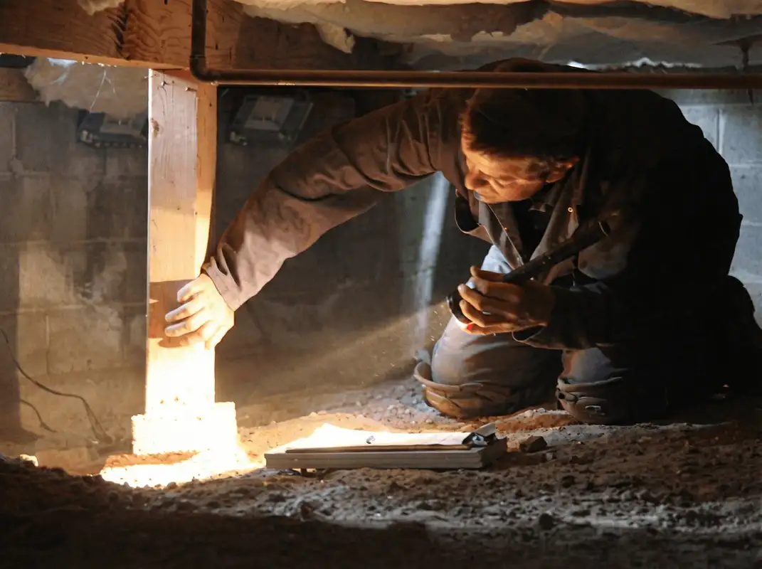 A professional inspecting wooden beams under the floor of a structure in Columbus, OH
